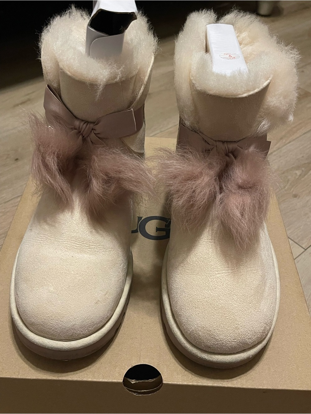UGG Women's Cream Shearling Ankle Boots with Dusty Pink Pom